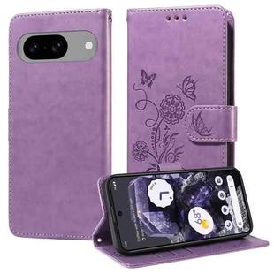 For Google Pixel 8 Embossed Butterfly Flowers Leather Phone Case(Purple)