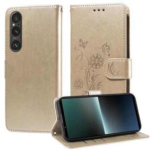 For Sony Xperia 1 V Embossed Butterfly Flowers Leather Phone Case(Gold)