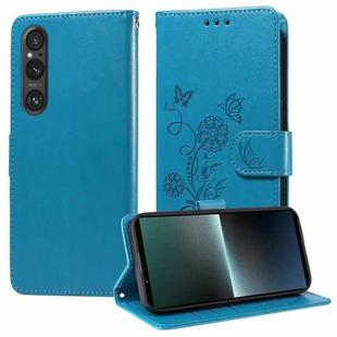 For Sony Xperia 1 V Embossed Butterfly Flowers Leather Phone Case(Blue)