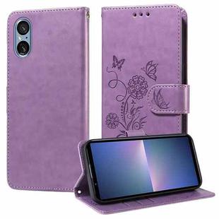 For Sony Xperia 5 V Embossed Butterfly Flowers Leather Phone Case(Purple)