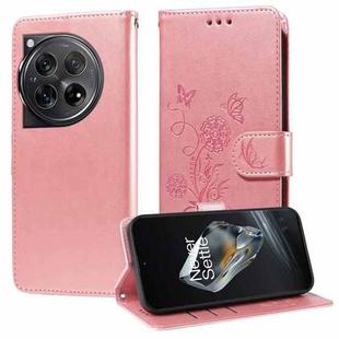 For OnePlus 12 Embossed Butterfly Flowers Leather Phone Case(Rose Gold)