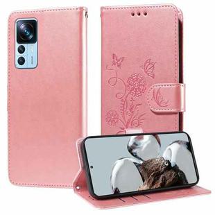 For Xiaomi 12T / 12T Pro / Redmi K50 Ultra Embossed Butterfly Flowers Leather Phone Case(Rose Gold)