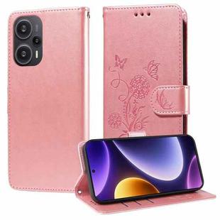 For Xiaomi Poco F5 / Redmi Note 12 Turbo Embossed Butterfly Flowers Leather Phone Case(Rose Gold)