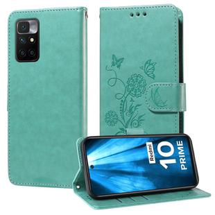 For Redmi 10 2022 / 10 Prime Embossed Butterfly Flowers Leather Phone Case(Green)