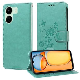 For Redmi 13C 5G / 4G / 13R Embossed Butterfly Flowers Leather Phone Case(Green)