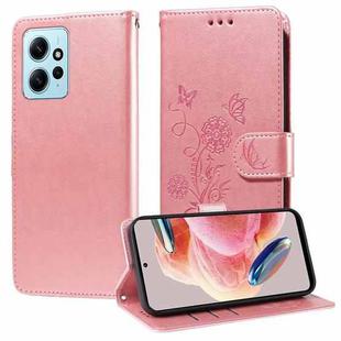 For Redmi Note 12 4G Global Embossed Butterfly Flowers Leather Phone Case(Rose Gold)