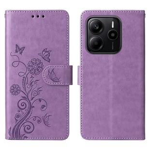 For Redmi Note 14 4G 163.25mm Global Embossed Butterfly Flowers Leather Phone Case(Purple)