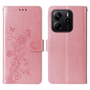For Redmi Note 14 4G 164.84mm Embossed Butterfly Flowers Leather Phone Case(Rose Gold)
