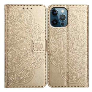 For iPhone 16 Pro Max Flower Embossed Leather Phone Case(Gold)