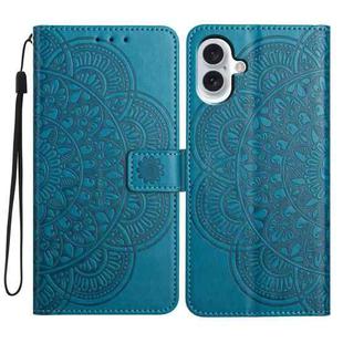 For iPhone 16 Plus Flower Embossed Leather Phone Case(Blue)