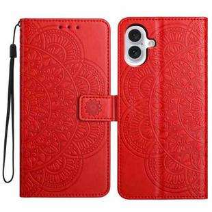 For iPhone 16 Flower Embossed Leather Phone Case(Red)