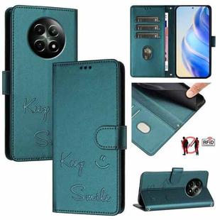 For Realme 12 5G Global Smile Embossing RFID Leather Phone Case(Peacock Green)