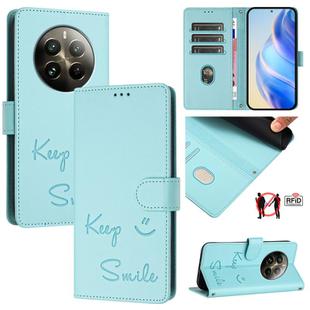 For Realme 12 Pro / 12 Pro+ 5G Global Smile Embossing RFID Leather Phone Case(Mint Green)