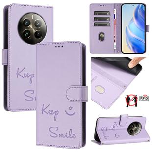 For Realme 12 Pro / 12 Pro+ 5G Global Smile Embossing RFID Leather Phone Case(Light Purple)