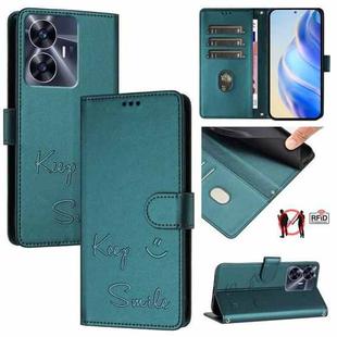 For Realme C55 4G Global Smile Embossing RFID Leather Phone Case(Peacock Green)