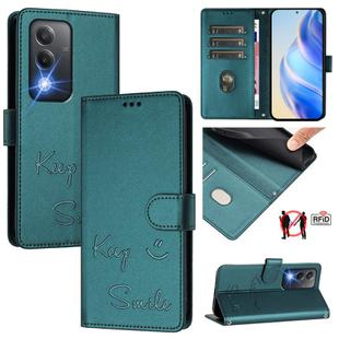 For OPPO A80 5G EU Smile Embossing RFID Leather Phone Case(Peacock Green)