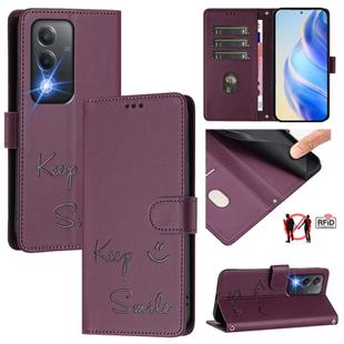 For OPPO K12x 5G Global Smile Embossing RFID Leather Phone Case(Violet)