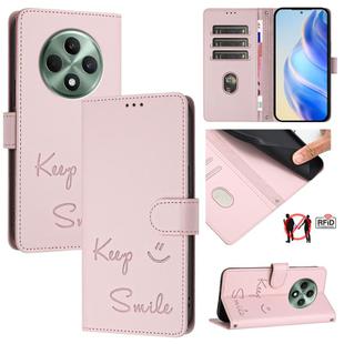 For OPPO Reno12 F 5G Global Smile Embossing RFID Leather Phone Case(Pink)