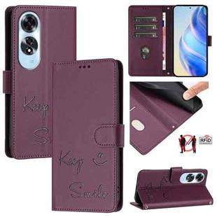 For OPPO A60 4G Global Smile Embossing RFID Leather Phone Case(Violet)