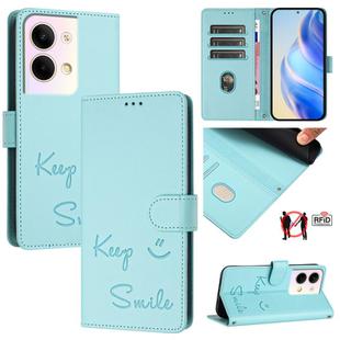 For OPPO Reno9 5G / Reno9 Pro 5G Smile Embossing RFID Leather Phone Case(Mint Green)