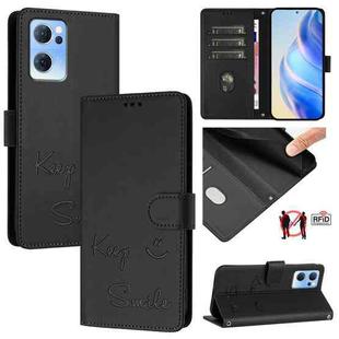 For OPPO Reno7 5G Global Smile Embossing RFID Leather Phone Case(Black)