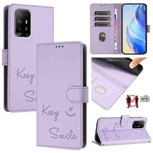 For OPPO A74 4G / F19 / F19s Smile Embossing RFID Leather Phone Case(Light Purple)