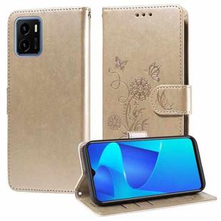 For vivo Y15A 4G Global / Y15s 4G Embossed Butterfly Flowers Leather Phone Case(Gold)