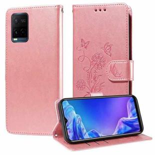 For vivo Y21 2021 / Y21s / Y33s 4G Embossed Butterfly Flowers Leather Phone Case(Rose Gold)