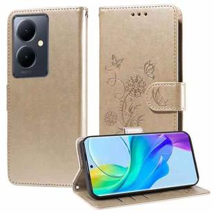 For vivo Y78 5G Global Embossed Butterfly Flowers Leather Phone Case(Gold)