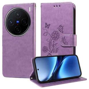 For vivo X200 Embossed Butterfly Flowers Leather Phone Case(Purple)