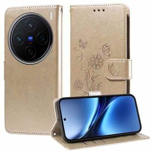 For vivo X200 Embossed Butterfly Flowers Leather Phone Case(Gold)