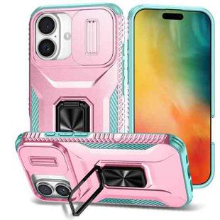 For iPhone 16 Sliding Camshield Holder Phone Case(Pink + Grey Green)