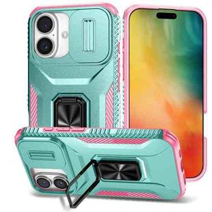 For iPhone 16 Sliding Camshield Holder Phone Case(Grey Green + Pink)