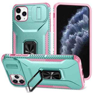 For iPhone 11 Pro Max Sliding Camshield Holder Phone Case(Grey Green + Pink)