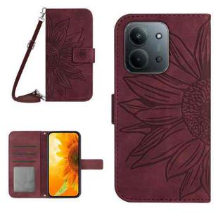 For Redmi 15C 5G 173.1mm / 15C 4G 173.1mm Skin Feel Sun Flower Embossed Flip Leather Phone Case with Lanyard(Wine Red)