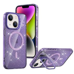 For iPhone 14 Shiny Shield MagSafe Lens Holder Phone Case(Purple)