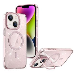 For iPhone 14 Shiny Shield MagSafe Lens Holder Phone Case(Pink)