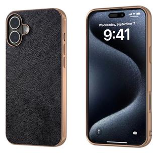 For iPhone 16 Plus Nano Electroplating Dual Color Lichi Texture PU Phone Case(Black)