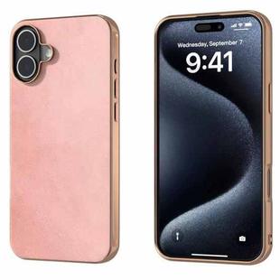 For iPhone 16 Plus Nano Electroplating Dual Color Cowhide Texture Protective Phone Case(Rose Gold)