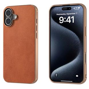 For iPhone 16 Nano Electroplating Dual Color Cowhide Texture Protective Phone Case(Brown)