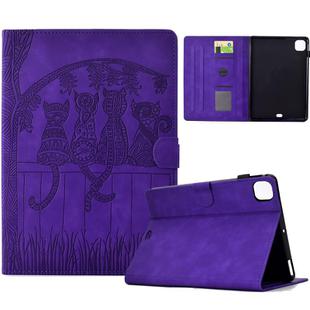 For iPad Air 11 2024 / Pro 11 2022 Cats Embossed Leather Smart Tablet Case(Purple)