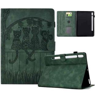 For Samsung Galaxy Tab S9 / S9 FE Cats Embossed Leather Smart Tablet Case(Green)