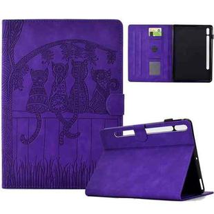 For Samsung Galaxy Tab S9 / S9 FE Cats Embossed Leather Smart Tablet Case(Purple)