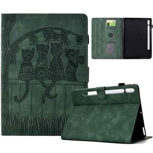 For Samsung Galaxy Tab S10 FE+ Cats Embossed Leather Smart Tablet Case(Green)