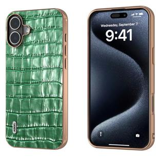 For iPhone 16 ABEEL Electroplating Frame Crocodile Texture Genuine Leather Phone Case(Green)