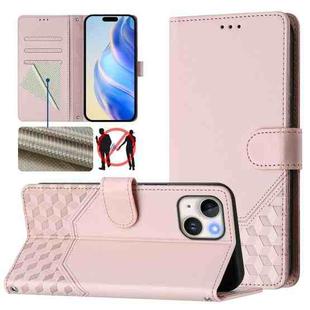 For iPhone 15 Plus Honeycomb Embossing RFID Leather Phone Case(Pink)