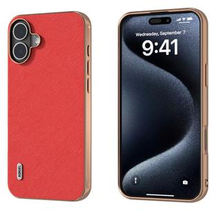 For iPhone 16 Plus ABEEL Electroplating Frame Cross Texture Genuine Leather Phone Case(Red)