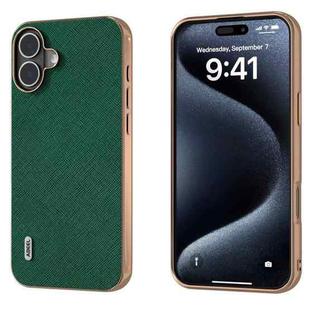 For iPhone 16 ABEEL Electroplating Frame Cross Texture Genuine Leather Phone Case(Green)