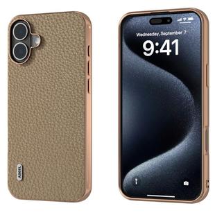 For iPhone 16 Plus ABEEL Electroplating Frame Genuine Leather Litchi Texture Phone Case(Grey)