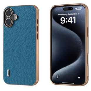 For iPhone 16 Plus ABEEL Electroplating Frame Genuine Leather Litchi Texture Phone Case(Blue)